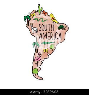 Hand drawn doodle map of South america continent. Simple funny national symbols. Trees and animals. Endemic flora and fauna. Vector illustration Stock Vector