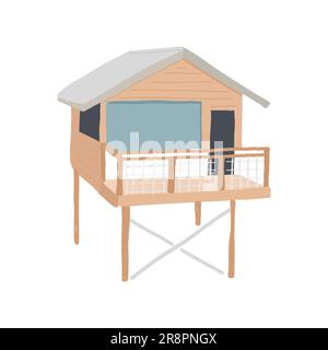 Cute Rustic house with hanging porch. Village cottage among trees. Colored flat vector illustration isolated on white background Stock Vector
