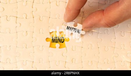 Mind mapping symbol. Concept words Mind mapping on beautiful white puzzles on beautiful white background. Businessman hand. Business support motivatio Stock Photo