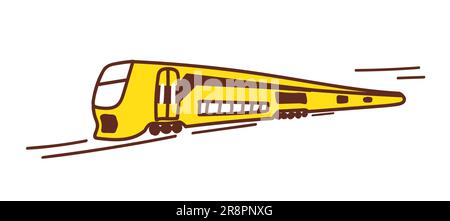 Hand drawn doodle train travels on the railroad tracks. Yellow transport with windows. Vector illustration isolated on white Stock Vector