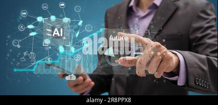 AI, Artificial Intelligence and machine learning, Businessman holds a smart phone with artificial intelligence data to control the robot to work in Stock Photo