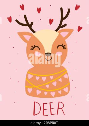 Valentines day card with cute funny deer with hearts around. Hand drawn vector illustration. Scandinavian style flat design. Concept for children holi Stock Vector