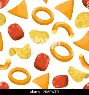 Potato chips pattern. Seamless print of crunchy crispy salted snack, fast food fried food for party decoration. Vector texture with potato fast food b Stock Vector
