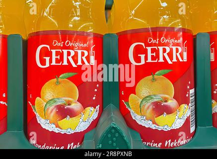 Viersen, Germany - June 9. 2023: Closeup of bottles Gerri Lemonade crate in german supermarket Stock Photo