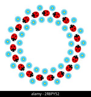 Round decorative summer frame with ladybugs and blue flowers design template. Stock Vector