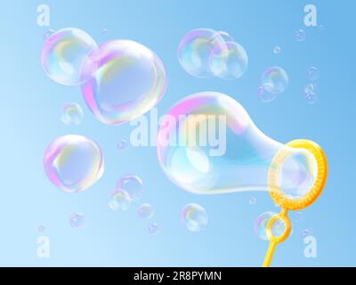 3d blowing bubbles. Realistic soap bubble flying from wand, kids foam souffle play in colorful oxygen shampoo translucent clear ball, child game concept exact vector illustration Stock Vector