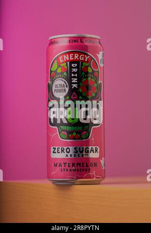 Mansfield,Nottingham,United Kingdom:Studio product image of a can of FRUGO energy drink which is owned by FoodCare Poland. Stock Photo