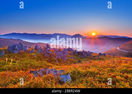 Akiyoshidai and sunrise in the morning Stock Photo