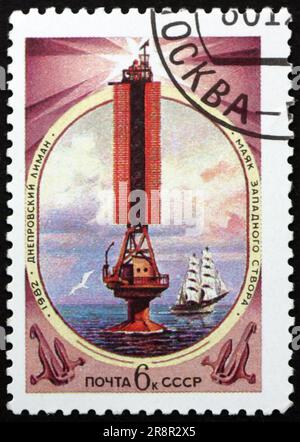 RUSSIA - CIRCA 1982: a stamp printed in Russia shows lighthouse Dneiper harbour, circa 1982 Stock Photo