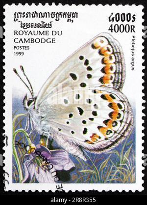 CAMBODIA - CIRCA 1999: a stamp printed in Cambodia shows the silver-studded blue, plebejus argus, is a butterfly, native to Europe and east across the Stock Photo