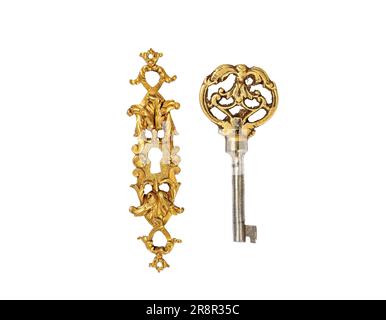 Daugavpils, Latvia June 8, 2023.Furniture fittings.Bronze key and decorative overlay on the lock with an ornament.Retro style.isolated on a white back Stock Photo