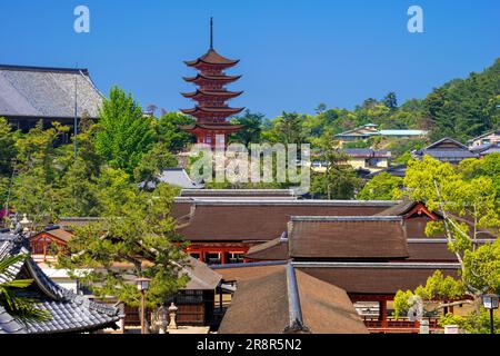 Itsukushima shrine and five story pagoda on Miyajima island Stock Photo