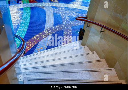 Fallsview Casino Resort, Niagara Falls City, Canada. Marble staircase and tiled floors in the food court area Stock Photo