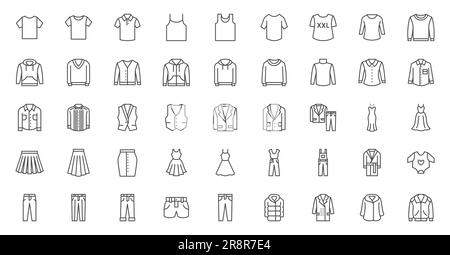 Clothes line icons set. Sweatshirt, hoody, pullover, bathsuit, jacket, evening dress, cardigan, trousers visualization vector illustration. Outline Stock Vector