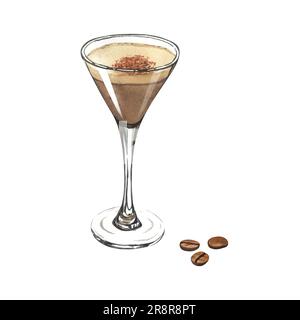 Watercolor glass of espresso martini with coffee grain. Hand-drawn illustration isolated on white background. Perfect for recipe lists with alcoholic Stock Photo