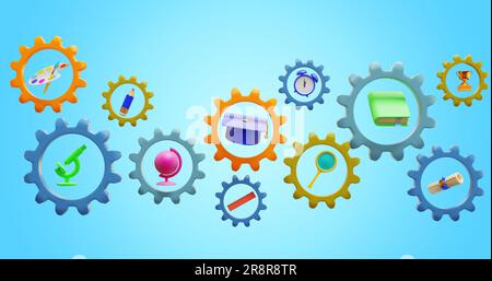 Back to school. Elements of student learning in gears. 3d rendering Stock Photo
