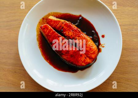 Japanese Salmon with Mirin and Soy Sauce Stock Photo