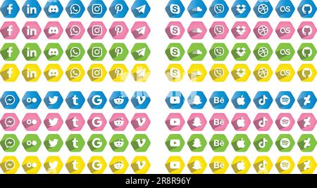 Colorful hexagon social media icons, logos 1 Stock Vector