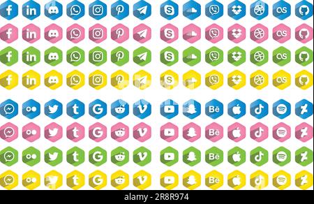 Colorful hexagon social media icons, logos 2 Stock Vector