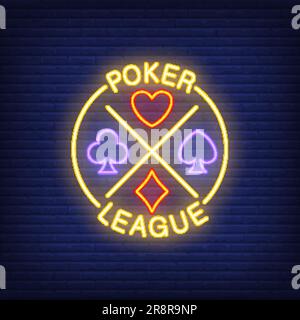 Poker league lettering with suits. Neon icon on brick background Stock Vector