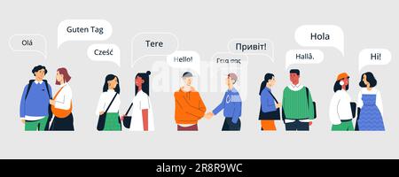 People multilingual greeting. Man woman characters speak different languages, multicultural persons of various race and ethnicity. Vector cartoon set Stock Vector