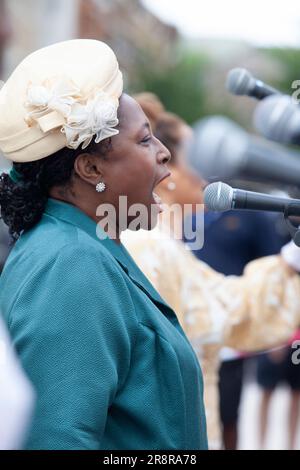 London, UK. 23rd June, 2023. Members of the Brixton-based Pegasus Opera perform in Windrush Square as part of events to mark the 75th anniversary of the Empire Windrush docking at Tilbury. Credit: Anna Watson/Alamy Live News Stock Photo