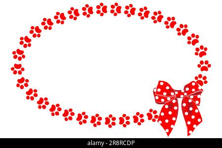 Oval decorative festive frame with red animal paws and a red bow. Stock Vector