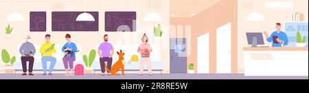 Vet clinic reception. Pet owners waiting for veterinarian appointment inside veterinary hospital, people with sick dog ill pets in registration room, splendid vector illustration of pet vet clinic Stock Vector