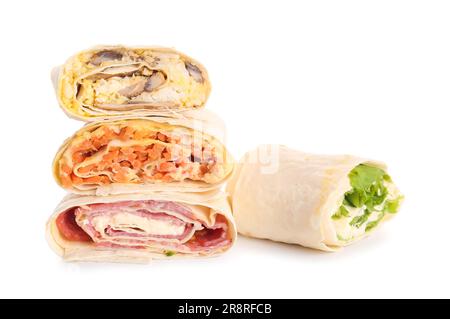 Tasty lavash rolls with sausages, egg and vegetables isolated on white background Stock Photo
