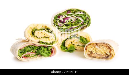 Tasty lavash rolls with egg and vegetables isolated on white background Stock Photo