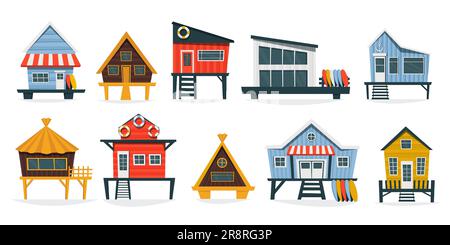 Beach huts collection. Cartoon summer vacation bungalow with roof and veranda, cottage house facade with doors and windows. Vector isolated set of hut Stock Vector