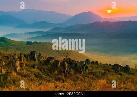 Akiyoshidai and mountain range in the morning Stock Photo