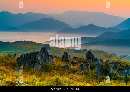 Akiyoshidai and mountain range in the morning Stock Photo