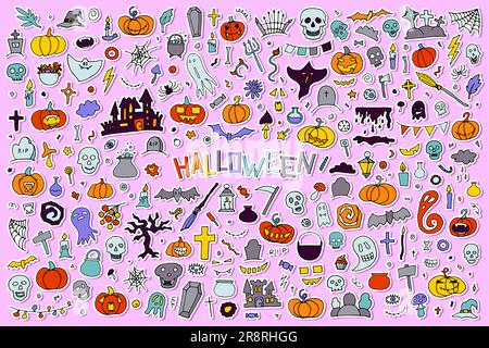 Doodle Halloween sticker set. Hand-drawn autumn pumpkin, grave, ghost, cross, eye on purple background. Cute scary horror banner for fall holidays, Da Stock Vector