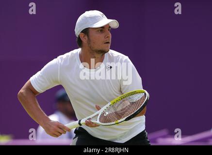 Miomir Kecmanovic (SRB) during his round of 32 match with Cameron Norrie (GBR) during day one of the LTA cinch championships tennis tournament 2023, A Stock Photo