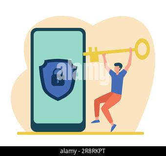 Tiny man unlocking mobile phone with golden key Stock Vector