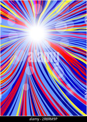 Multicolored wavy glowing rays with bokeh abstract summer fantasy art decorative background. Stock Vector