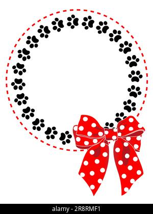 Circle decorative frame with black animal paws and a red bow polka dots. Stock Vector