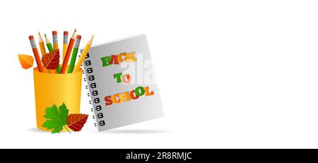 Wide banner, concept of return to school, knowledge day, September 1, school supplies in a pocket, multi-colored bright stationery. On white Stock Vector