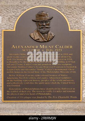 Plaque of artist Alexander Milne Calder for the William Penn statue on top of city hall in Philadelphia PA Stock Photo