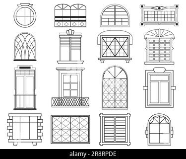 Different silhouettes of window frames flat icon set Stock Vector