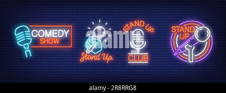 Stand up comedy show neon signs collection Stock Vector