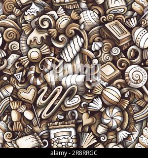 Cartoon doodles Candies seamless pattern. Backdrop with confectionery symbols and items. Monochrome detailed background for print on fabric, textile, Stock Vector