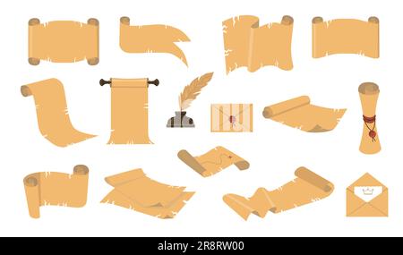 Cartoon ancient scrolls flat icon kit Stock Vector