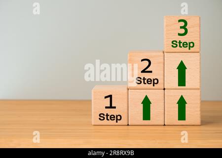 step one second and third, Concept, career and development path, Learning gaining experience, work, achieving success, Wooden blocks with lettering an Stock Photo