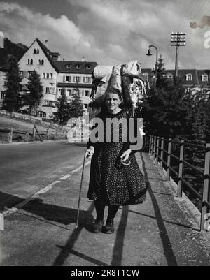 Pontresina -- Life in the High Alps of Switzerland. Village Hawker -- A woman hawker from Obervaz, a hamlet famous for its tinkers and hawkers, makes the rounds of hotels. She sells gloves, stockings, cheap jewellery, lengths of material to hotel staffs. Her store is neatly packed on her back. In a day she may cover 10 to 12 miles, starting at 6 in the morning and visiting all hotels and pensions en route. January 22, 1948. (Photo by Pictorial Press). Stock Photo