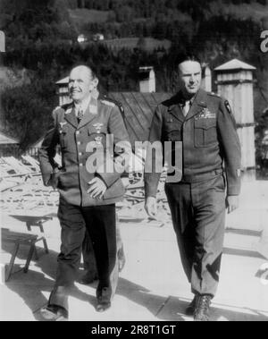 Kesselring And His Captor -- Field Marshal Albert Von Kesselring (Left), at Various Times Commander of the German forces in Italy, the Western front and Northwest Germany, walks with Maj. Gen. Seventh Army, in the Gardens at Berchtesgaden Hotel, where the German Surrendered his Troops to Taylor on May 10. Gen. Taylor has been 'living' with the Vietnam war since President Kennedy recalled him to active service on July 1, 1961. May 18, 1945. (Photo by AP Wirephoto). Stock Photo