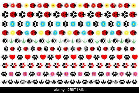 Set natural summery dividers borders with paw print animal ladybugs hearts flowers. Stock Vector