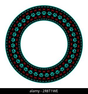 Black round frame with blue animal paws and empty space for text. Stock Vector