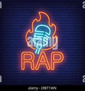 Rap neon word and microphone in flame outline Stock Vector